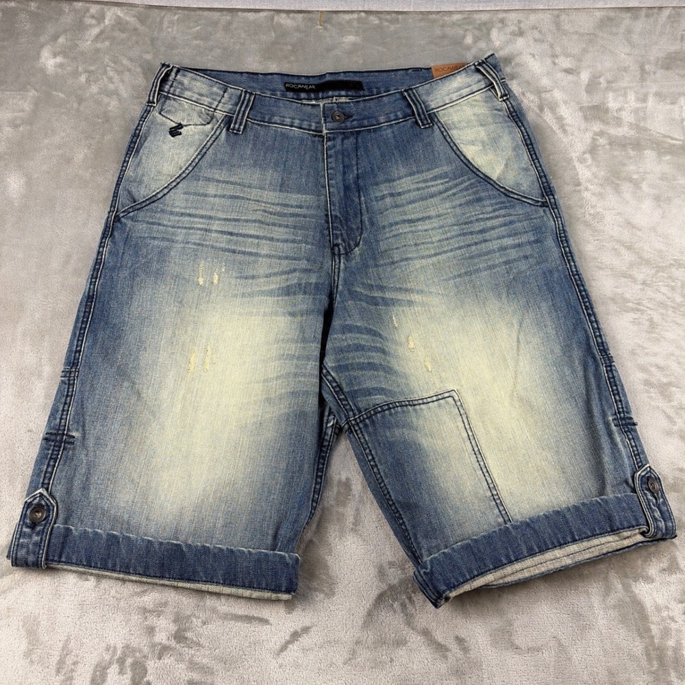 Rocawear Mens Baggy Denim Shorts Blue‎ Faded Distressed Y2K Streetwear W36 NEW